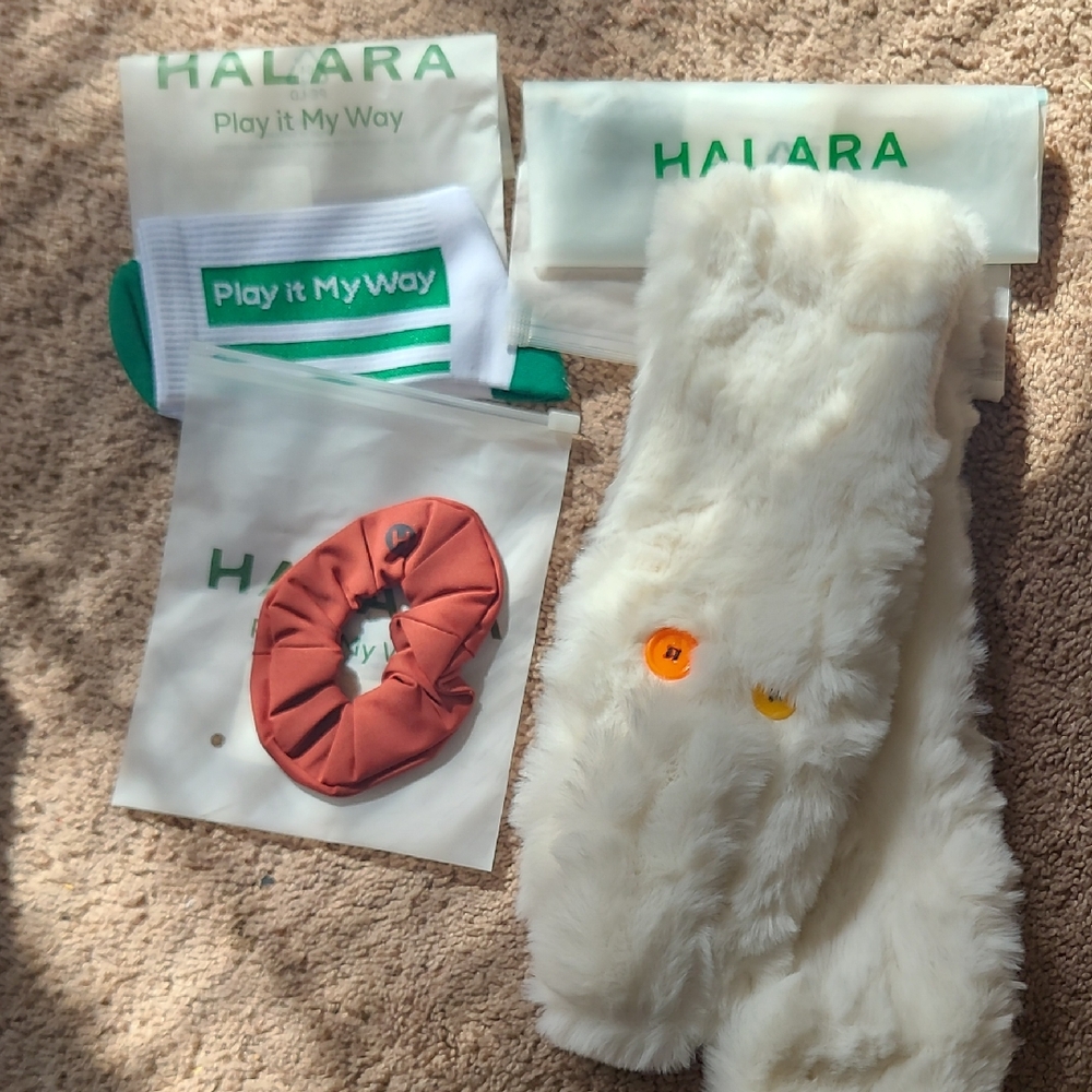 3 HALARA Items Fuzzy Scarf, Socks, and hair Scrunchy
